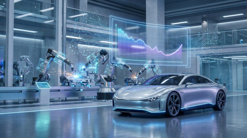 Une voiture futuriste dans une usine automatisée avec des graphiques financiers projetés en hologramme.