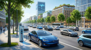 Une rue urbaine moderne avec une voiture électrique en charge au premier plan et une circulation dense en arrière-plan.