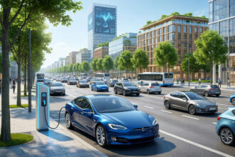 Une rue urbaine moderne avec une voiture électrique en charge au premier plan et une circulation dense en arrière-plan.