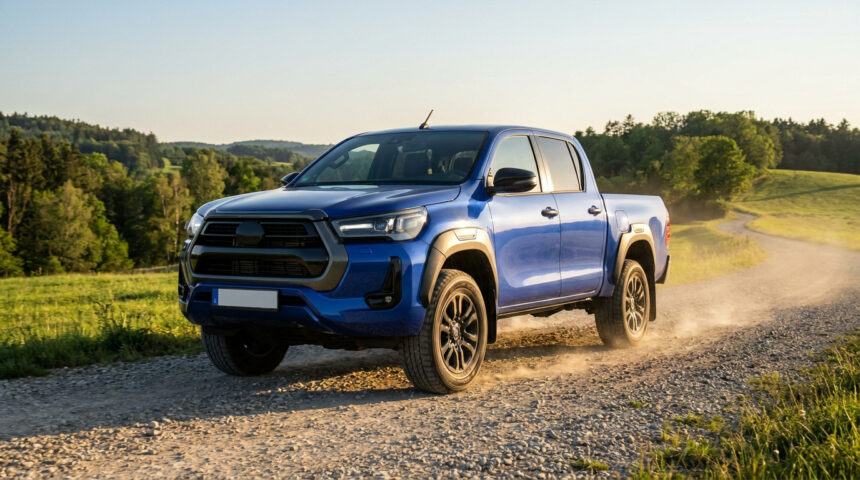 Un pick-up Toyota Hilux bleu roulant sur un chemin de terre poussiéreux dans un paysage rural ensoleillé.