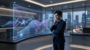 Un homme d'affaires en costume réfléchit devant un écran holographique affichant des courbes financières complexes.