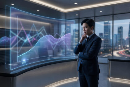 Un homme d'affaires en costume réfléchit devant un écran holographique affichant des courbes financières complexes.
