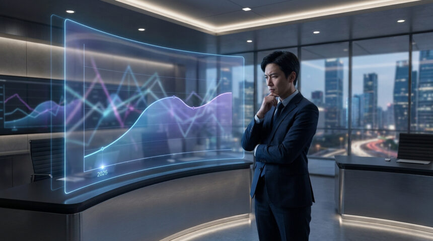 Un homme d'affaires en costume réfléchit devant un écran holographique affichant des courbes financières complexes.