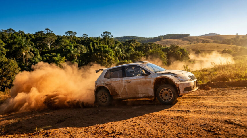 Une voiture de rallye Skoda soulève un épais nuage de poussière sur une piste en terre lors d'une course.