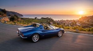 Une voiture de sport bleue Touring Superleggera Veloce 12 Aperta roulant sur une route côtière au coucher du soleil.