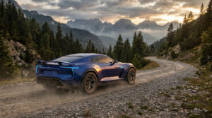Une Toyota Celica bleue moderne roulant sur un chemin de terre en montagne au coucher du soleil.