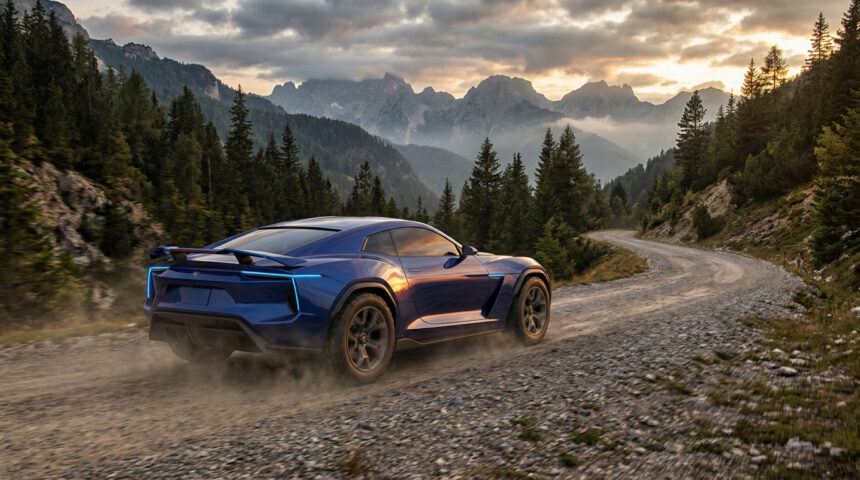 Une Toyota Celica bleue moderne roulant sur un chemin de terre en montagne au coucher du soleil.