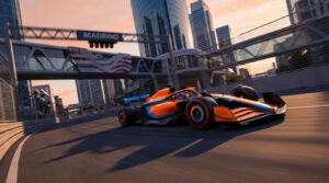 Une monoplace de Formule 1 orange et bleue en pleine accélération sur le circuit urbain du Madring au coucher du soleil.