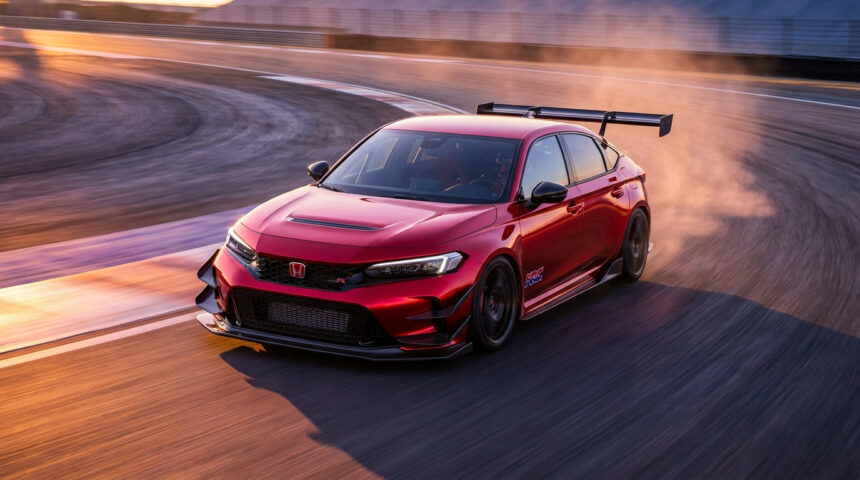 Une Honda Civic Type R rouge, version HRC, en pleine action sur un circuit automobile au coucher du soleil.