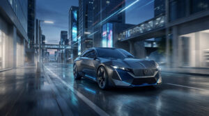 Concept-car Peugeot 208 aux lignes anguleuses roulant dans une ville futuriste sous la pluie.