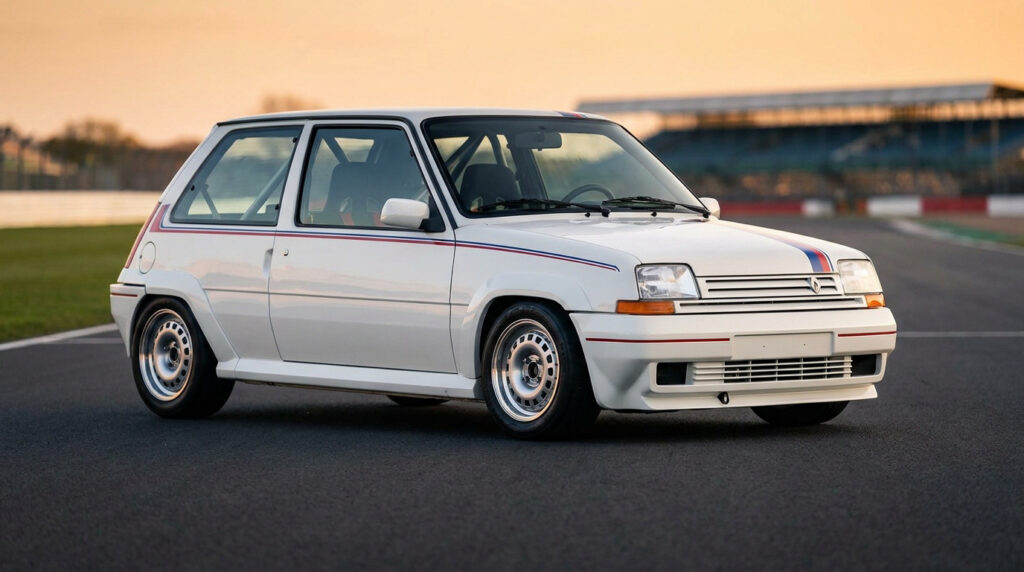 Renault 5 GT Turbo blanche de compétition avec bandes bleues et rouges sur un circuit de course au coucher du soleil.