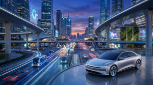 Voiture électrique moderne sur une plateforme surplombant une autoroute urbaine futuriste et lumineuse en Chine.