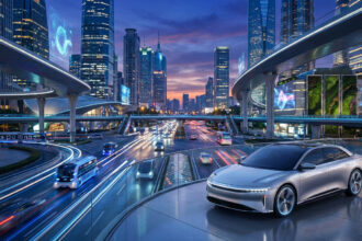 Voiture électrique moderne sur une plateforme surplombant une autoroute urbaine futuriste et lumineuse en Chine.