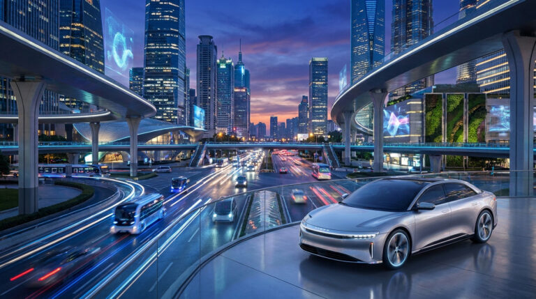 Voiture électrique moderne sur une plateforme surplombant une autoroute urbaine futuriste et lumineuse en Chine.