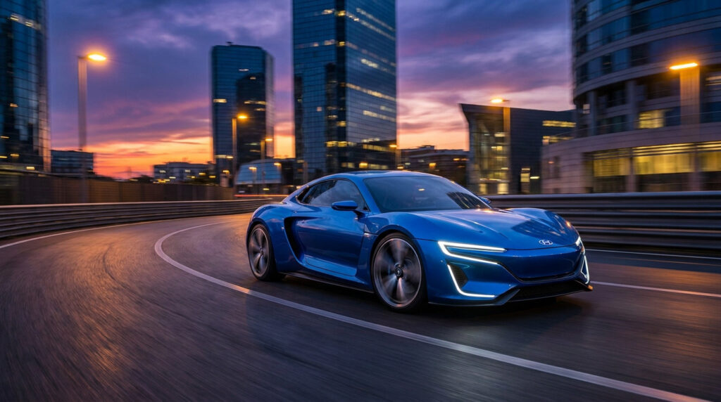 Une voiture de sport bleue électrique roule sur une piste incurvée devant des gratte-ciel sous un coucher de soleil.
