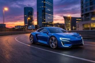 Une voiture de sport bleue électrique roule sur une piste incurvée devant des gratte-ciel sous un coucher de soleil.