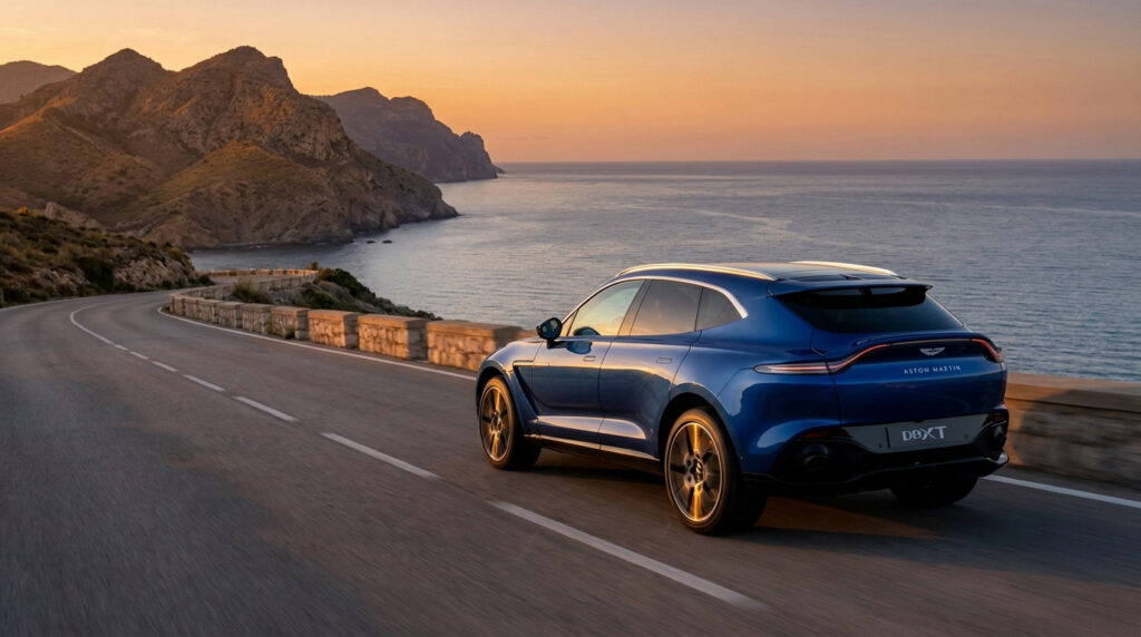 Aston Martin DBX707 bleu roulant sur une route côtière au coucher du soleil.