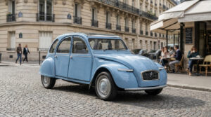 Une Citroën 2CV bleue moderne et électrique garée sur une rue pavée devant une terrasse de café parisienne.