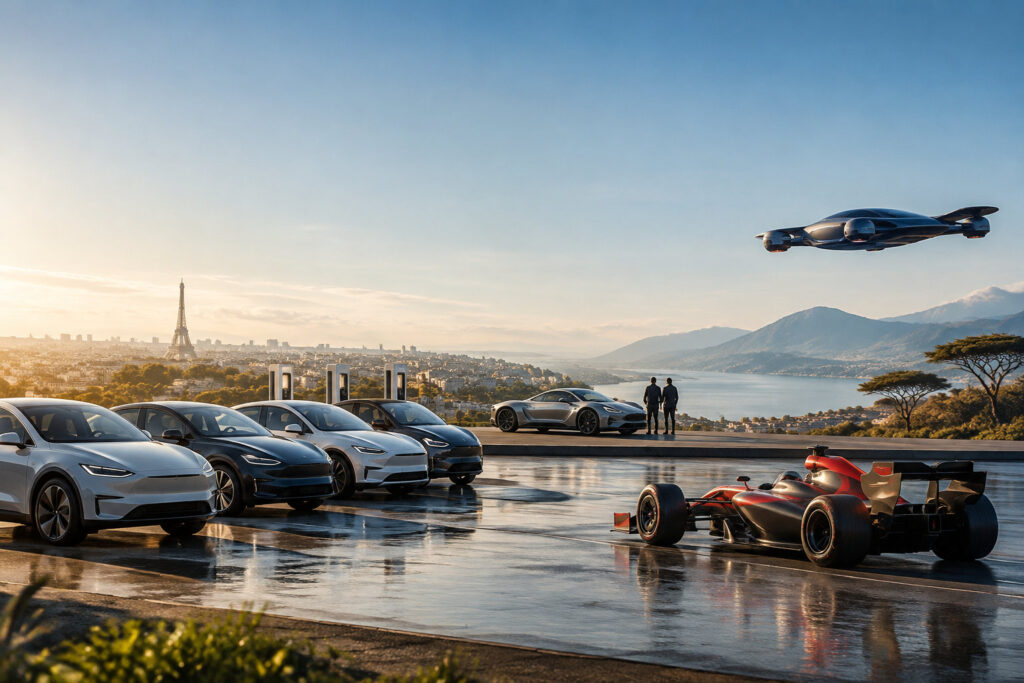 Voitures Tesla garées face à Paris avec un véhicule volant futuriste dans le ciel.