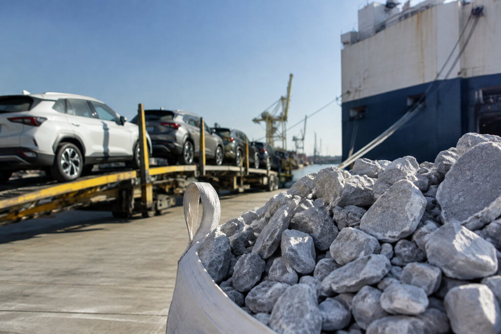 Gros plan sur un sac rempli de roches de lithium au premier plan, avec des voitures sur une remorque en arrière-plan.