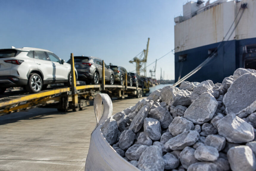 Gros plan sur un sac rempli de roches de lithium au premier plan, avec des voitures sur une remorque en arrière-plan.