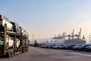 Camions chargés de voitures et parc automobile dans un port industriel au Mexique sous un ciel clair.
