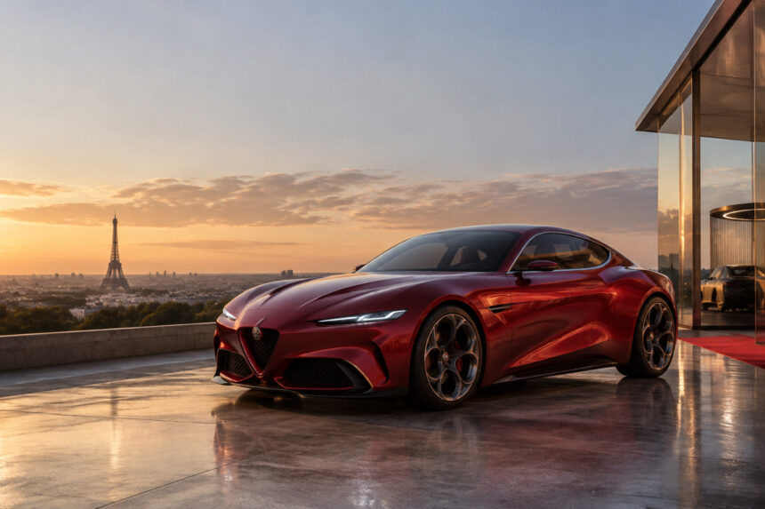 Un concept-car Alfa Romeo rouge élégant garé sur une terrasse surplombant Paris avec la tour Eiffel au coucher du soleil.