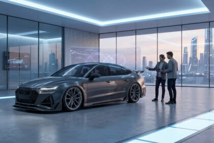 Deux hommes examinent une voiture de sport futuriste dans un studio de design vitré avec une vue sur une ville moderne.