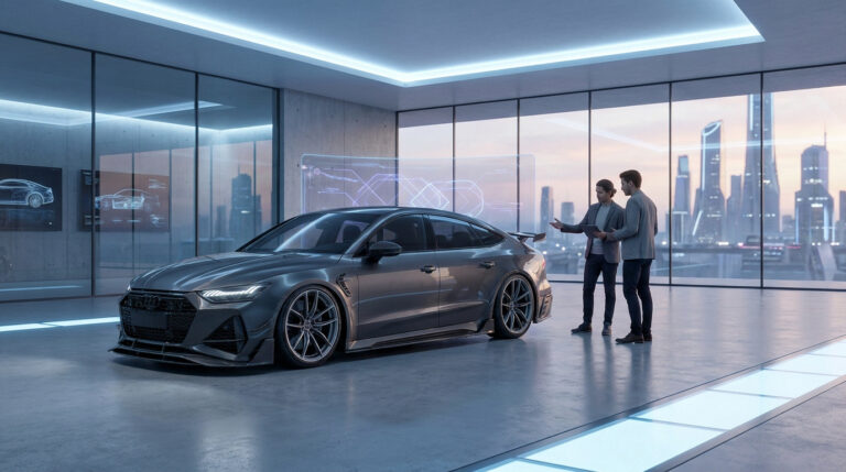 Deux hommes examinent une voiture de sport futuriste dans un studio de design vitré avec une vue sur une ville moderne.