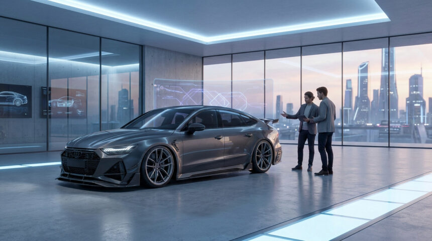 Deux hommes examinent une voiture de sport futuriste dans un studio de design vitré avec une vue sur une ville moderne.