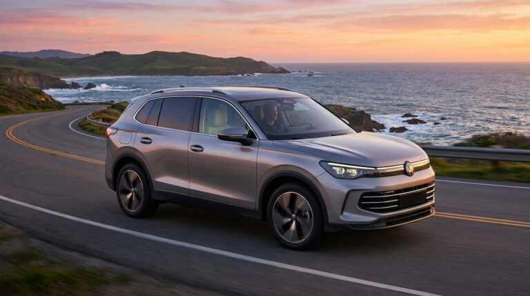 Un SUV Volkswagen argenté roulant sur une route côtière sinueuse au coucher du soleil.